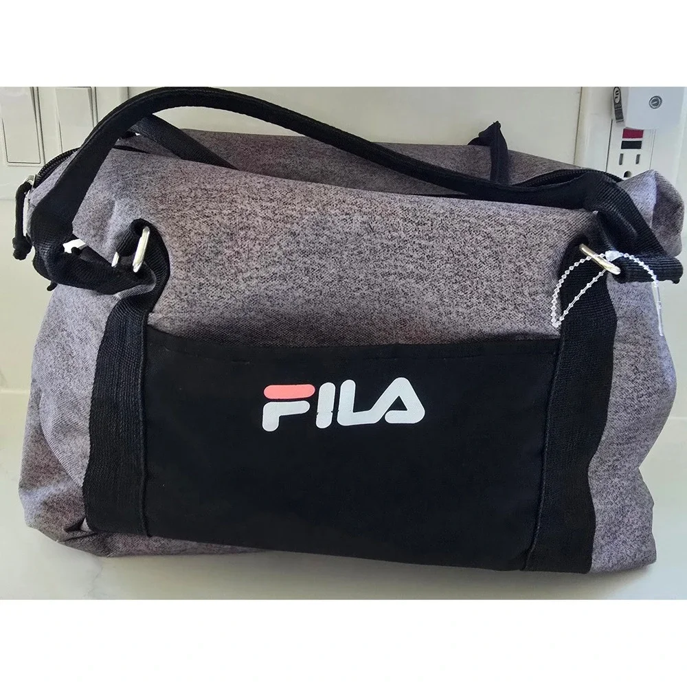 Fila Grey Heathered Duffel Bag Black Trim Front Pocket Zip Closure 12x16 NWOT